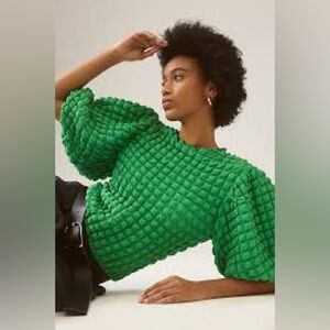 ERI + ALI Anthropologie Textured Puff-sleeve Top In Green Sz L